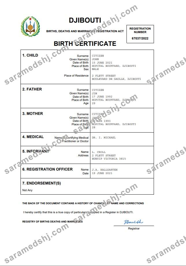 Djibouti birth certificate Word and PDF template
